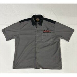 Harley Davidson Mens Gray Racing Mechanic Button Up Short Sleeve Flames 2XL H3